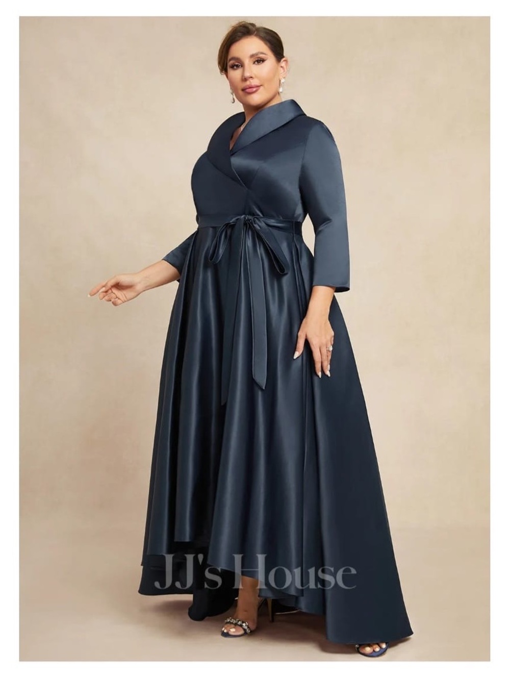 JJs House Dark Navy Satin High-Low Wrap Gown